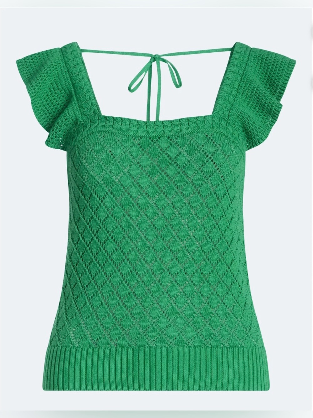 Free Assembly Green Pointelle Square Neck Flutter Sleeve Sweater Top M NWT